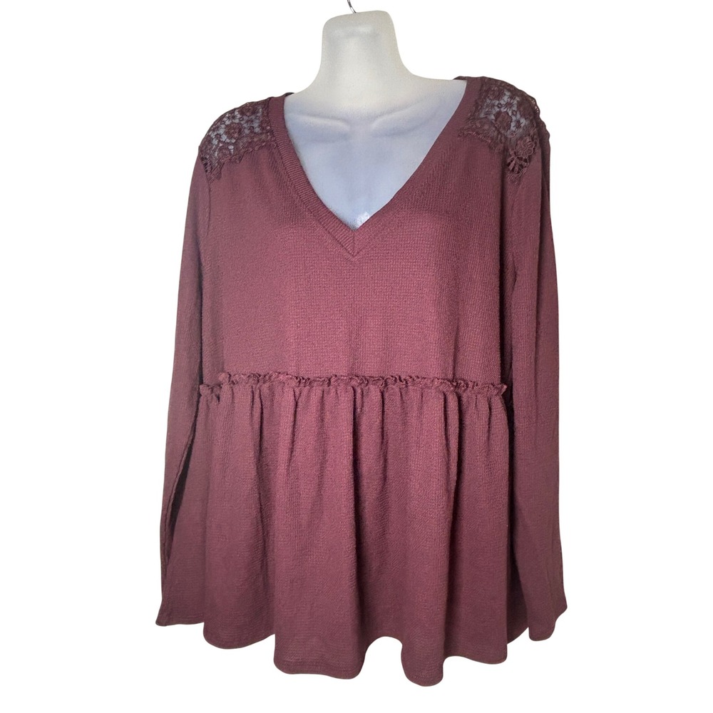 Torrid Women Sassafras Burgundy Waffle Knit Lace Inset Babydoll Top 00 M/L 10
